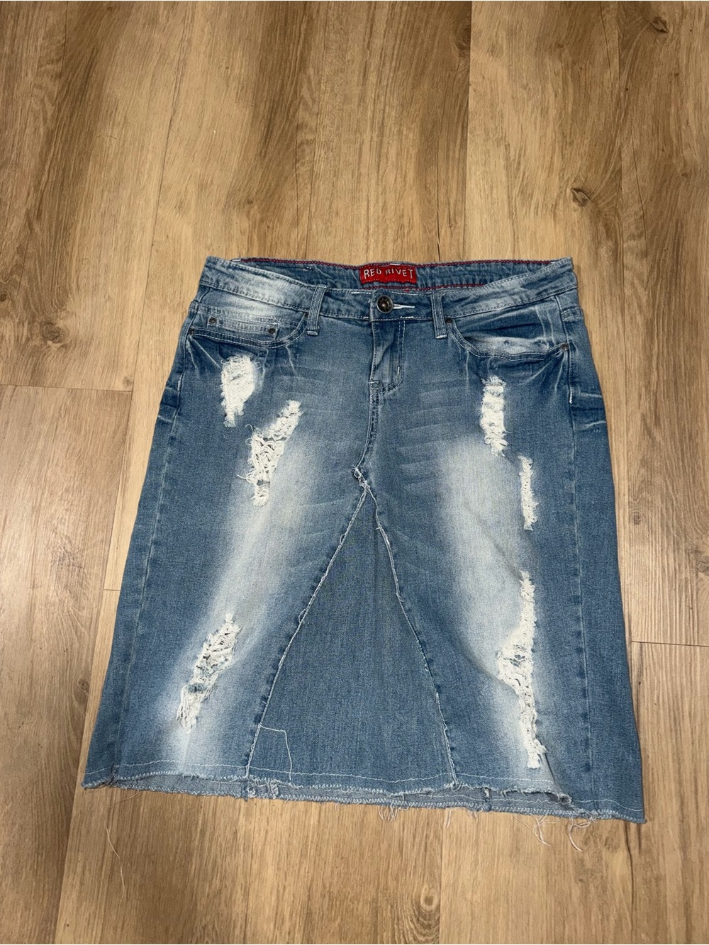 Red Rivet Blue Distressed Denim Pencil Skirt